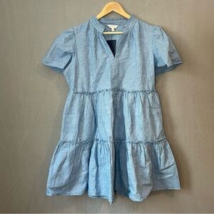 Crown & Ivy Women’s Chambray Peasant Dress Blue Cotton Linen NWT Pockets